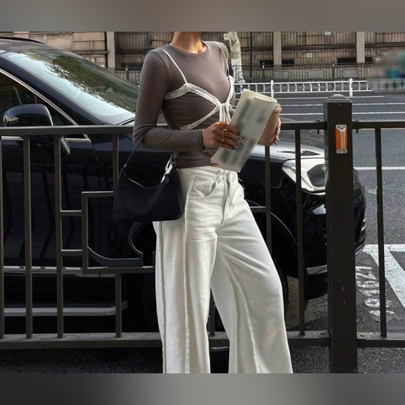 LAST ONE Gray Long Sleeve Top with White Lace Detail - Picture 6 of 9